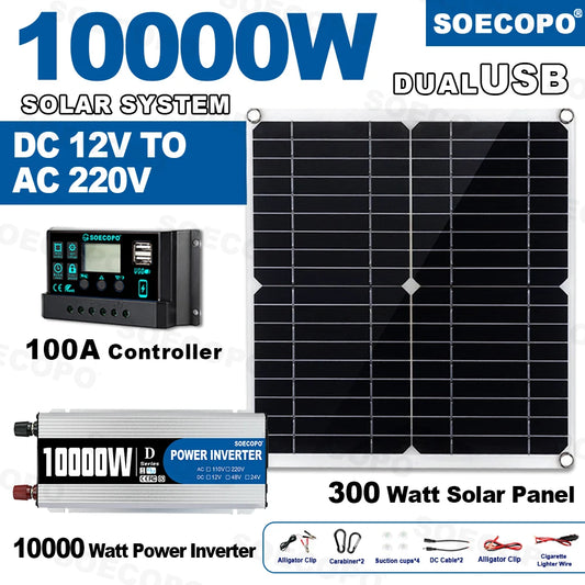 10000W Solar Power Complete Kit 12V To 220V Inverter100A Controller 300W Panel System for Home/RV/Camping  Full House Generator