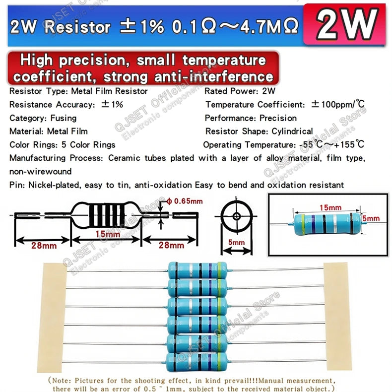 100pcs 1/4W Metal Film Resistor Element 1% 0.25W 1K 1.5K 2.2K 4.7K 10K 22K 47K 100K 470k 100 220  4K7 Ohm 5 Color Ring Resistors