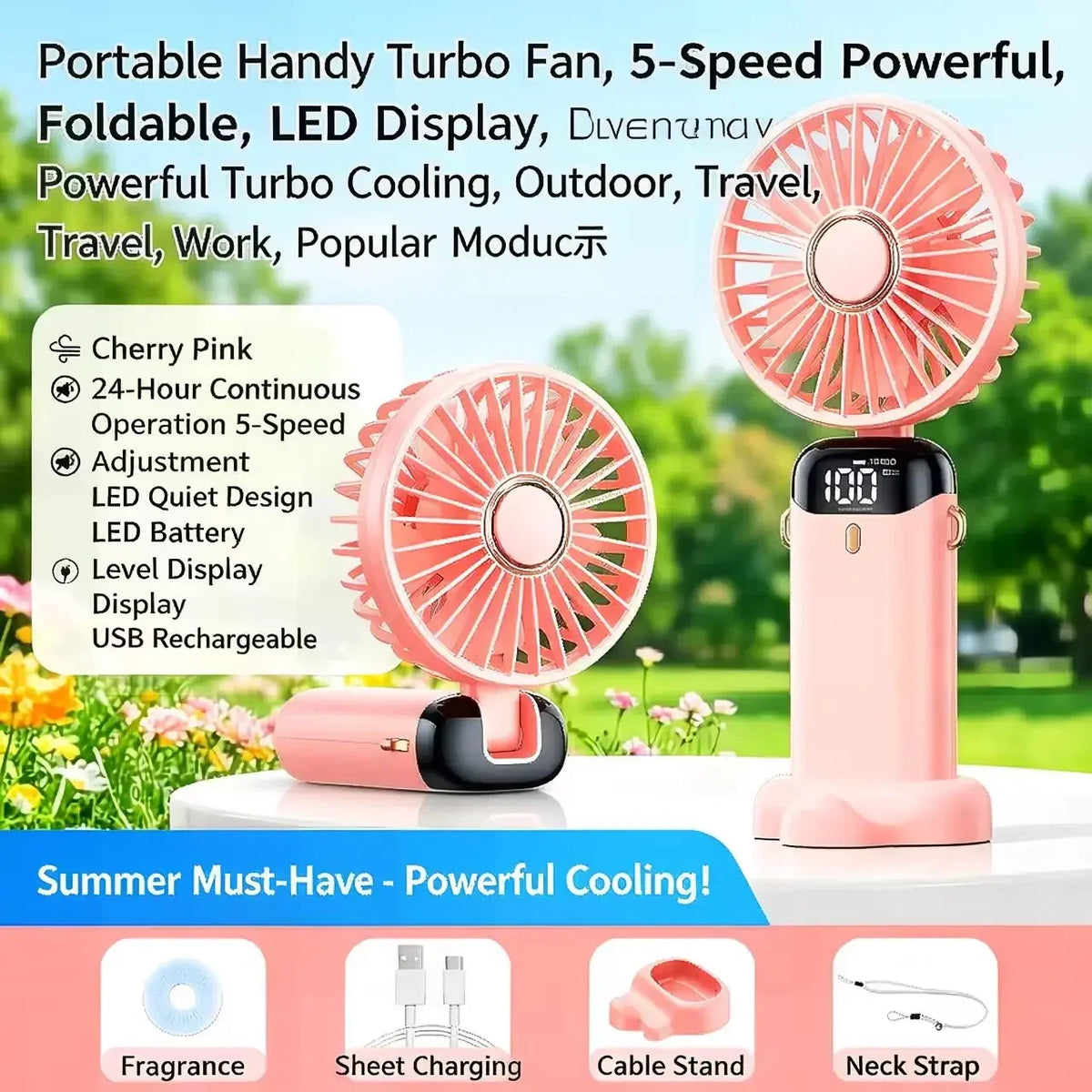 5000mAh Portable Handheld Mini Fan, Foldable, Can Be Hung on the Desk or Outdoors, Can Be Charged via USB, Equipped with LED Dig