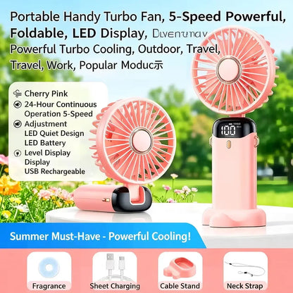 5000mAh Portable Handheld Mini Fan, Foldable, Can Be Hung on the Desk or Outdoors, Can Be Charged via USB, Equipped with LED Dig