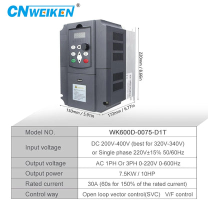 WK600D Series Solar Inverter with DC Input 0.75-2.2KW 1 Phase or 3 Phase 220V Output, Dedicated Inverter for Water Pumps VFD