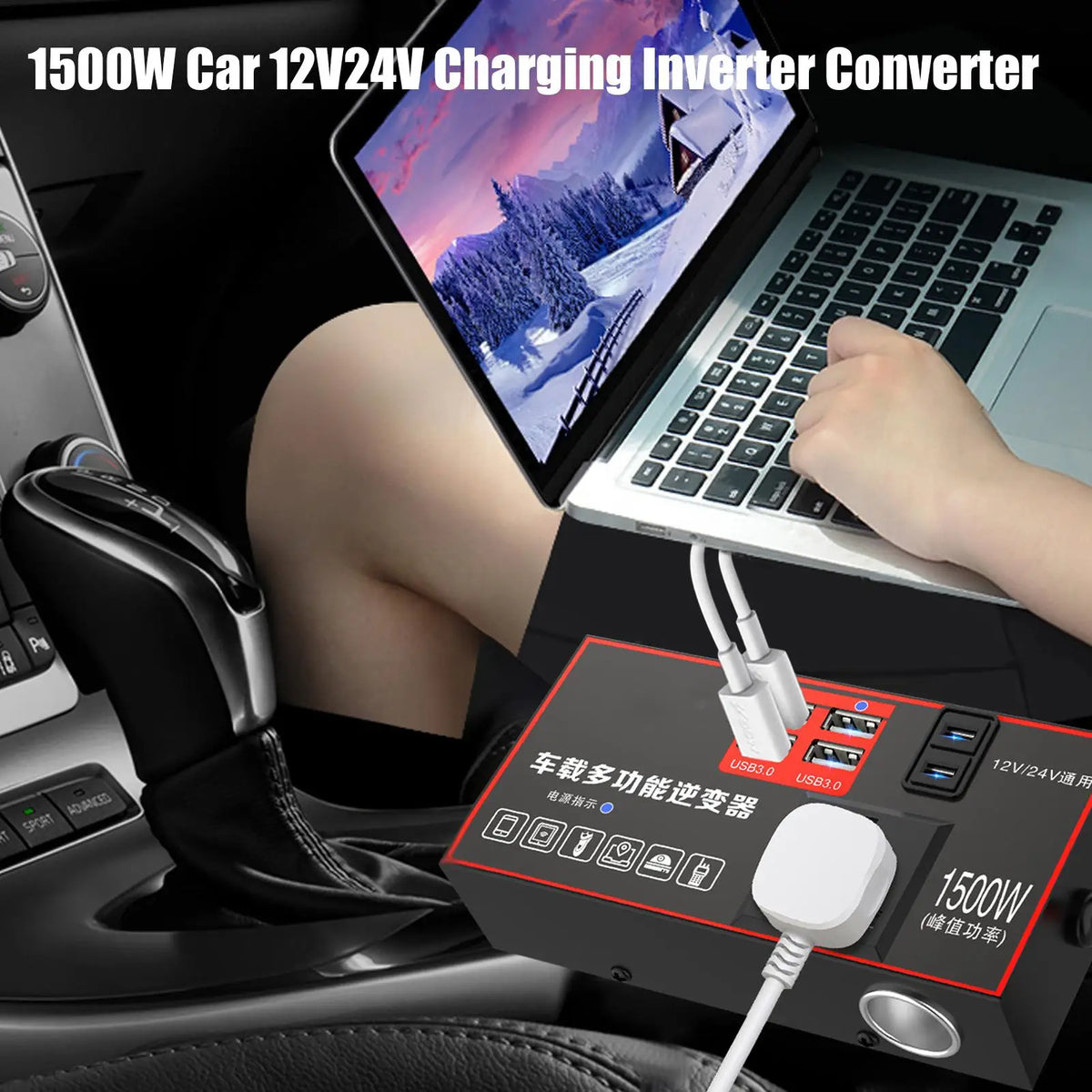 Car Inverter 220V Outlet 1500W Multiple Ports Automobile Adapter USB Charging for Workstation Marine Truck Road Trip Boat Travel