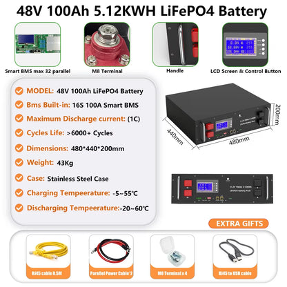 48V 100AH 150AH 200AH LiFePO4 Battery Pack 51.2V Lithium Solar Battery 6000+ Cycle Built-in 200A BMS RS485 CAN For Home Storage