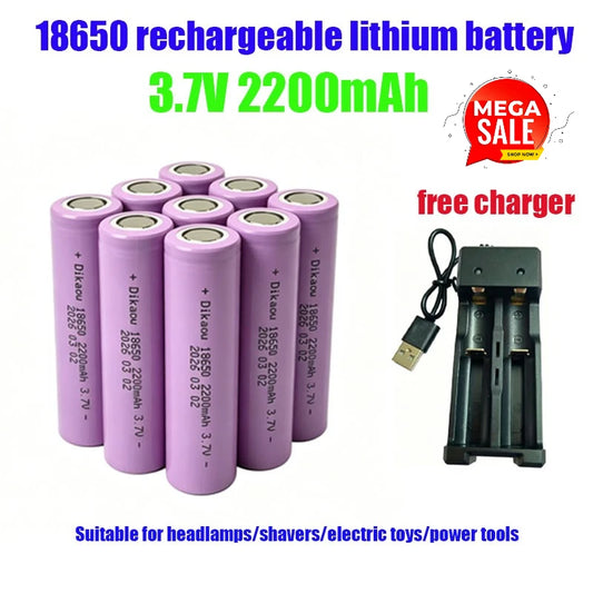 3.7V-2200mAh 18650 Rechargeable Lithium Battery, Free Charger, Suitable for Headlamps/Shaving Razors/Electric Toys/Power Tools