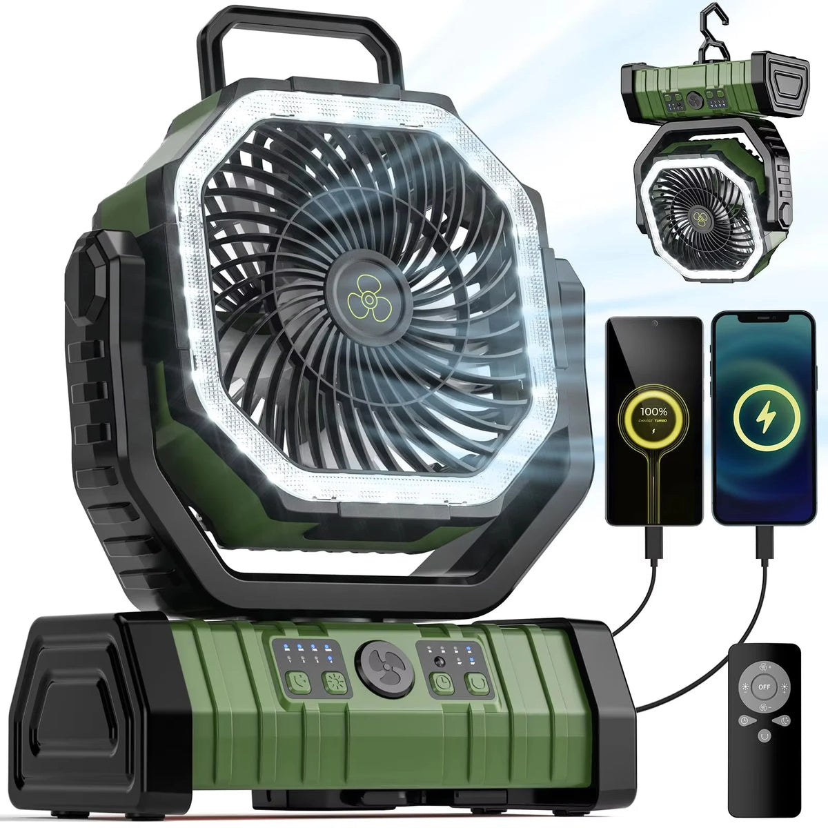 Camping Fan 10000mAh Battery Powered Fan Rechargeable with LED Light Portable Outdoor Tent Fan with Hanging Hook