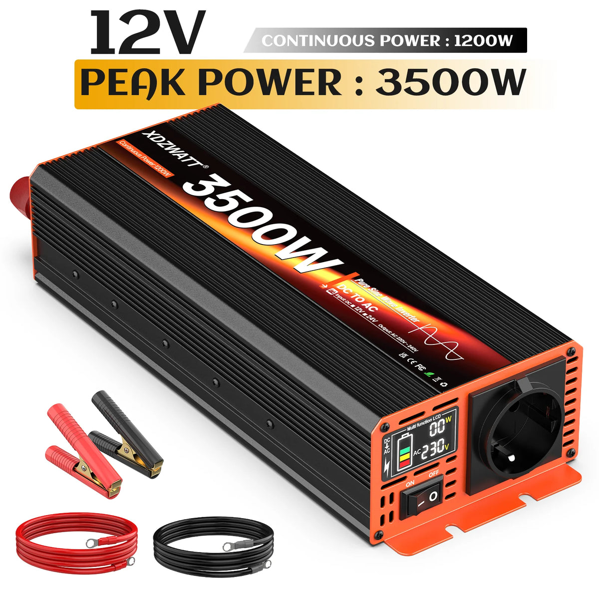 7000W Peak Power Pure Sine Wave Inverter DC 12V to AC 220V 230V EU Socket For RV Travel Household Appliances LCD Display Protect
