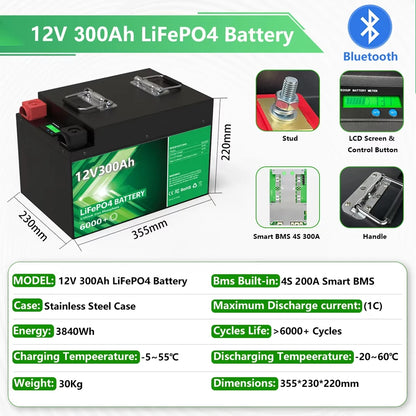 24V 200Ah LiFePO4 Battery 5.12kWh Bluetooth 8S 200A BMS 6000 Cycles 100Ah 300Ah 12V Lithium Battery for Marine RV Solar Off-Grid