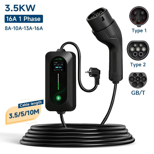 3.5KW Portable EV Charger 3m/5m/10M Cable Type2 IEC62196/ GB/T Connector 16A 1Phase Type1 Wallbox Charging for Electric Vehicle