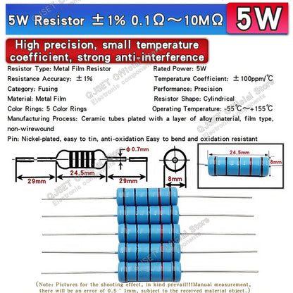 100pcs 1/4W Metal Film Resistor Element 1% 0.25W 1K 1.5K 2.2K 4.7K 10K 22K 47K 100K 470k 100 220  4K7 Ohm 5 Color Ring Resistors