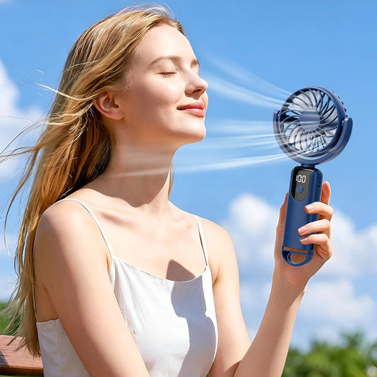 Rechargeable Travel Fan, Portable mini Handheld Fan, 5-Speed Wind Speed, LED Display, 90° Foldable Cooling Fan, Outdoor Camping