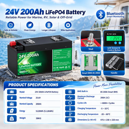24V 200Ah LiFePO4 Battery 5.12kWh Bluetooth 8S 200A BMS 6000 Cycles 100Ah 300Ah 12V Lithium Battery for Marine RV Solar Off-Grid