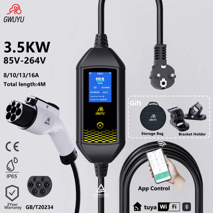 Portable EV Charger 3.5KW AC EV Charging Station Type2 J1772 GBT Portable EV Charging Pile with 2.8 Inch LCD Screen APP Control