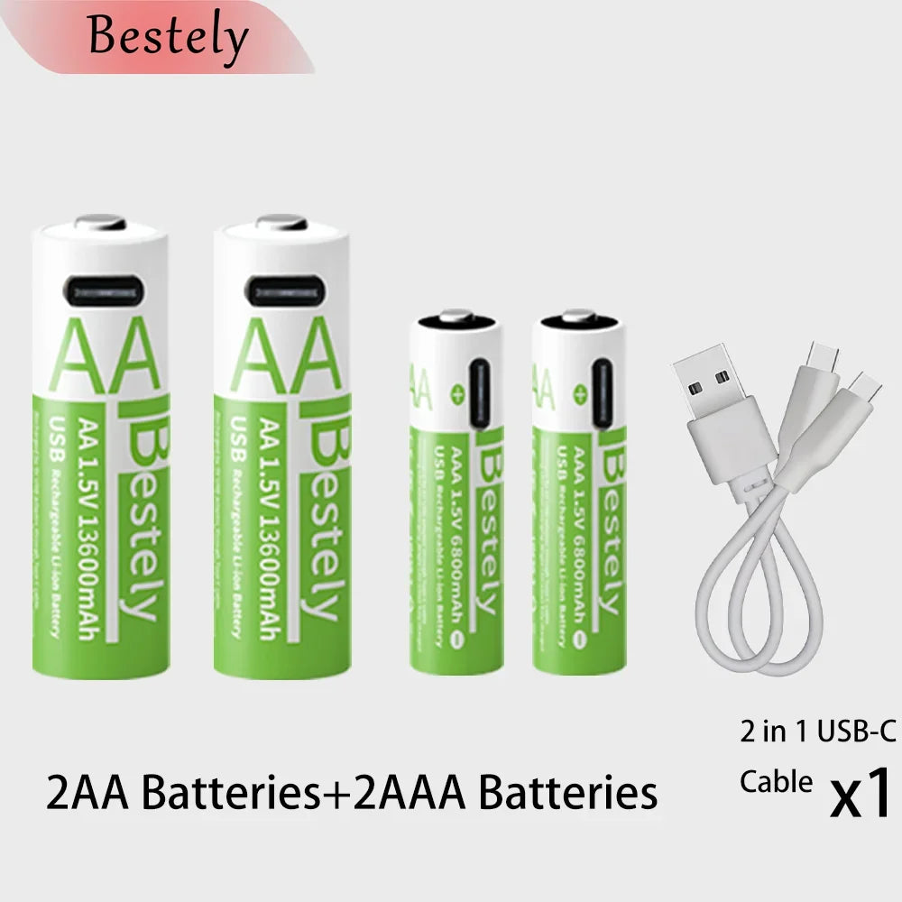 New 1.5V AA 13600mAh+AAA 6800mAh Rechargeable Lithium Batteries Fast Charging Li-ion Battery 2000 Cycles with Free USB- C Cables