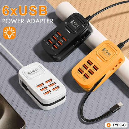 6 Ports USB Fast Charger Power Strip Desktop Charging Station Fast Charging EU/UK/US Plug USB HUB Adapter Socket 3Type C 3USB