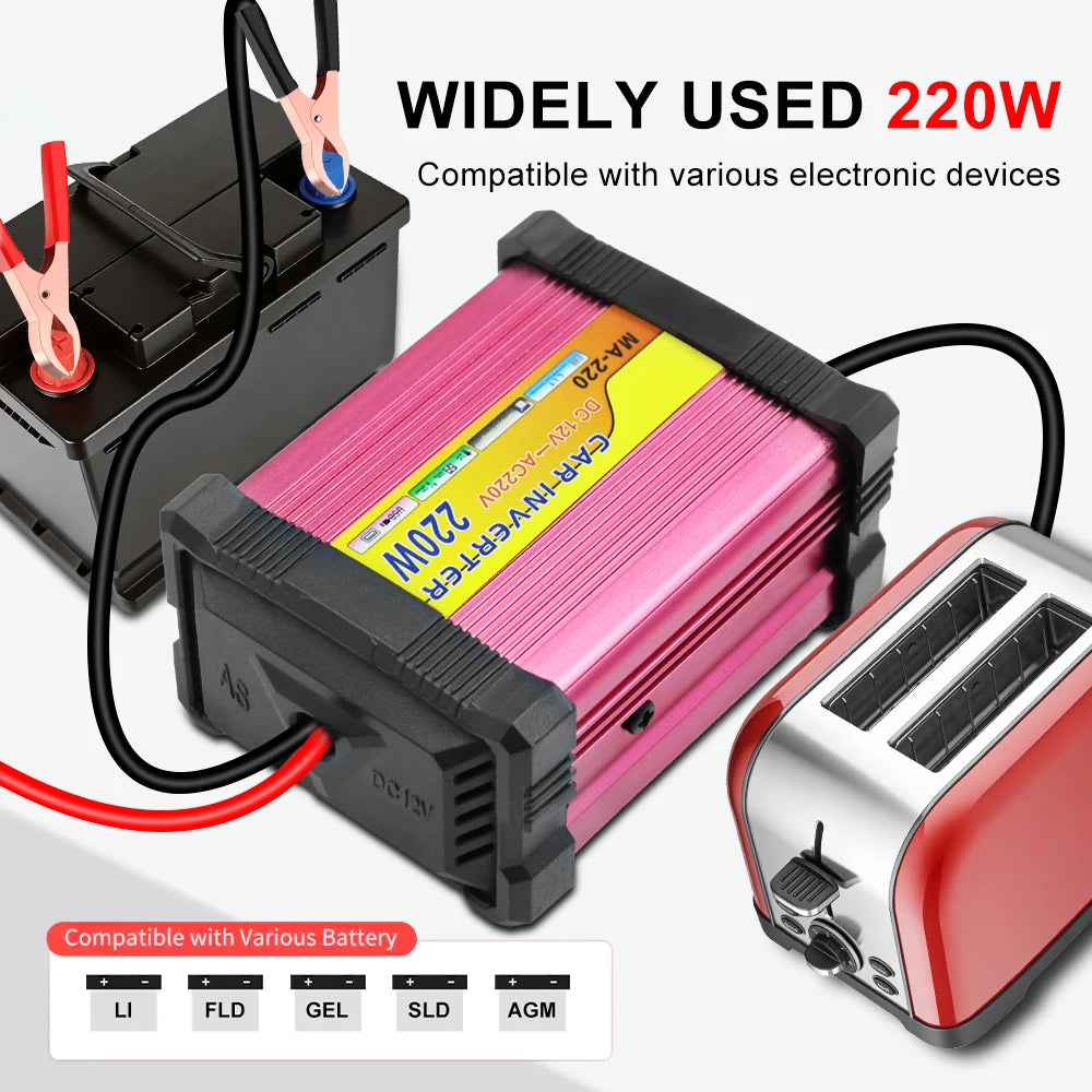 220W Automobile Inverter 12V To 220V Converter Car Inverters 1+1 USB Charger Port 220V AC Powe Socket Storage Batteries Inverter