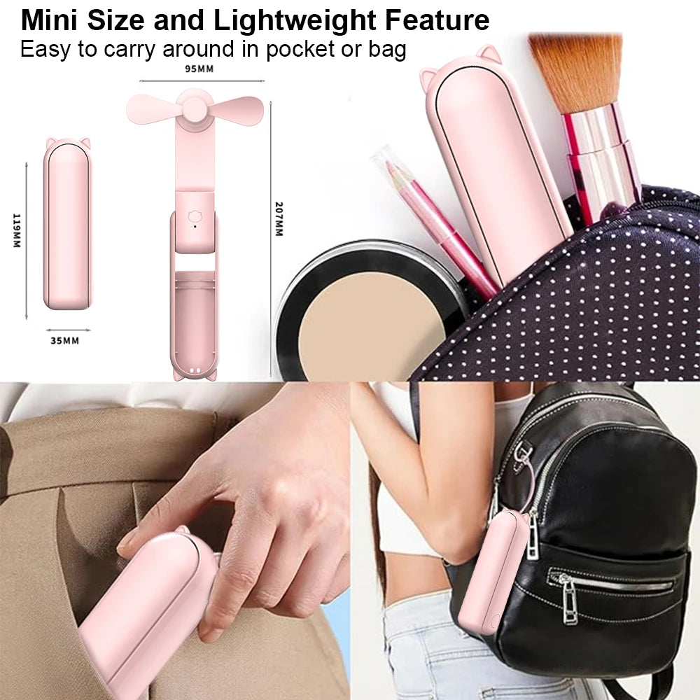 Mini Portable Handheld Fan 2000mAh USB Rechargeable Folding Small Pocket Fan with Handy Power Bank Foldable Hand Fan for Outdoor