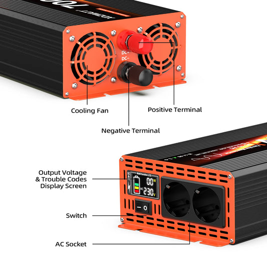 7000W Peak Power Pure Sine Wave Inverter DC 12V to AC 220V 230V EU Socket For RV Travel Household Appliances LCD Display Protect