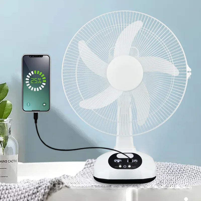 Solar Electric Fan Energy AC/DC 12in Rechargeable Table Fan Outdoor with LED USB Ports Home Office Cooling Air Fan Household