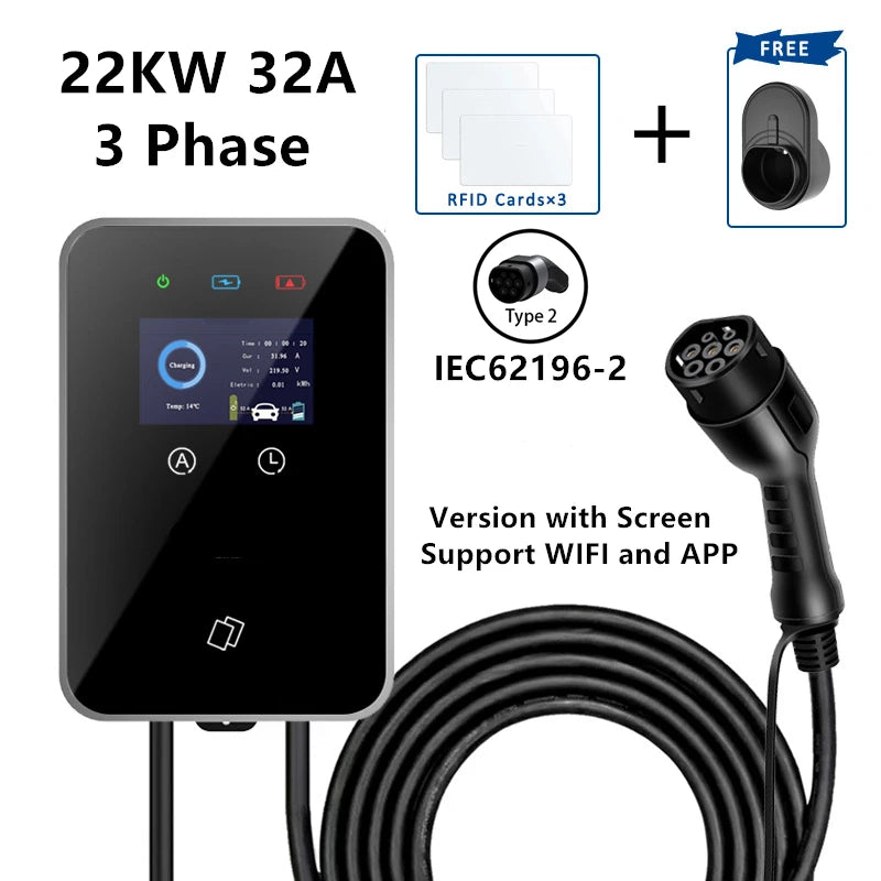 EV Charging Station IEC62196 J1772 Electric Vehicle Charger EVSE Wallbox Wallmount 7KW 22KW Type2 Type1 GBT Cable APP Cards