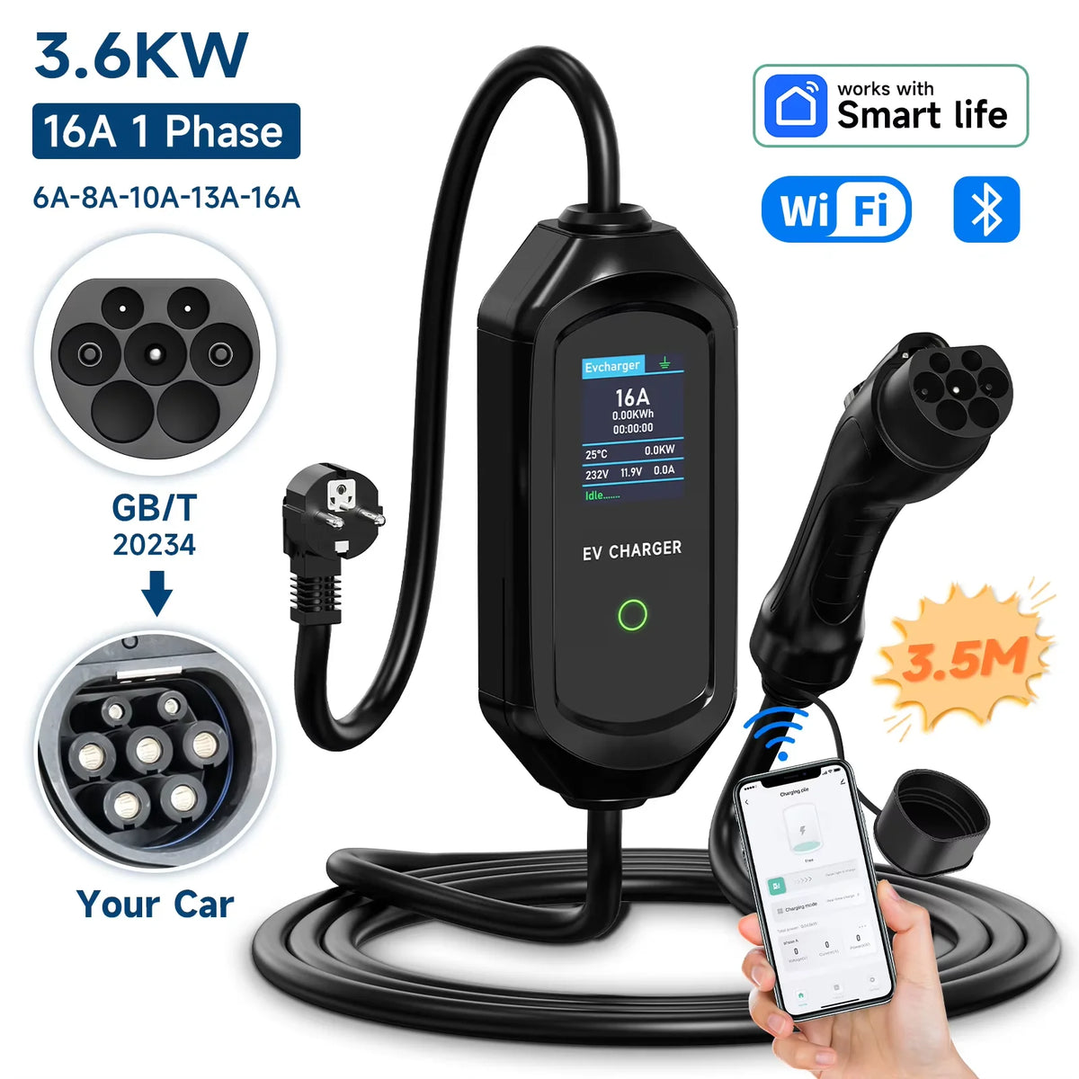 AFYEEV 3600W Portable Type2 IEC62196-2 EV Charger Type1 SAE J1772 Electric Car Charger GBT EVSE Charging Cable Wallbox EU Plug