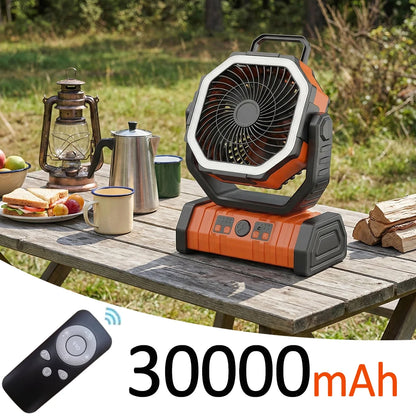 30000mAh Multicolor Portable Rechargeable Fan with Adjustable Heights & 3-Level LED Light for Camping Fishing Spray Camping Fan