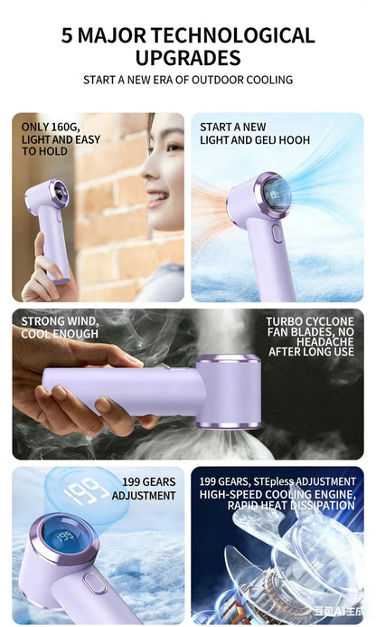 T-236 USB Rechargeable Mini Fan, 199 Speeds, LED Display, 12H Battery, Portable Handheld & Desktop Fan for Travel, Camping