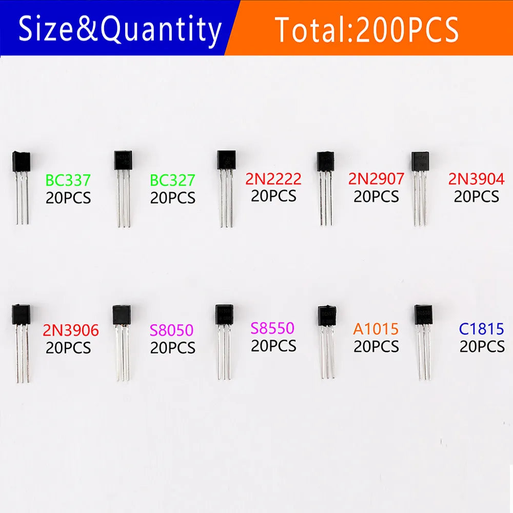 200Pcs Transistor Kit  2N2222 2N2907 2N3904 2N3906 BC327 BC337 S8050 S8550 A1015 C1815 PNP/NPN 10 Values TO-92 Transistors Set