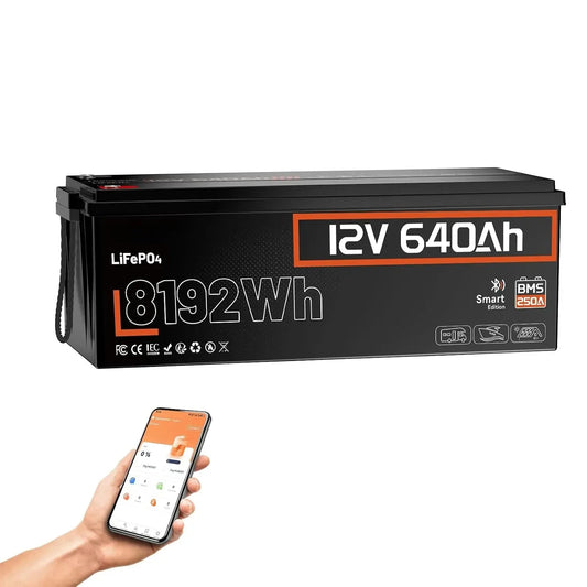 12V 640Ah LiFePO4 Battery, 8.19kWh Massive Capacity Lithium Battery with 250A BMS (3200W Output), Bluetooth & Low-Temp, Custom