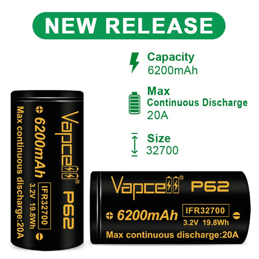 Vapcell 6200mAh P62 IFR32700 Lifepo4 High Power Rechargeable Battery 20A 3C 3.2V Max 40A 32700 Lithium Batteries