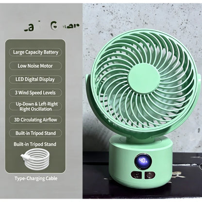 USB Rechargeable Quiet Oscillating Fan Long Battery Life High Airflow Camping Circulator for Home Office Use