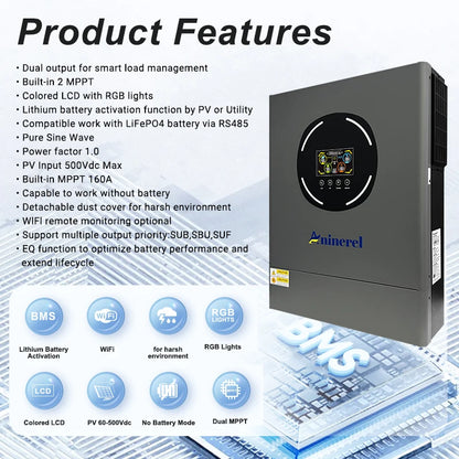 Aninerel 11KW 6.2 KW48V Hybrid Solar Inverter Dual Output Dual input Solar controller Color LCD Display MPPT 160A 120A PV 500VDC