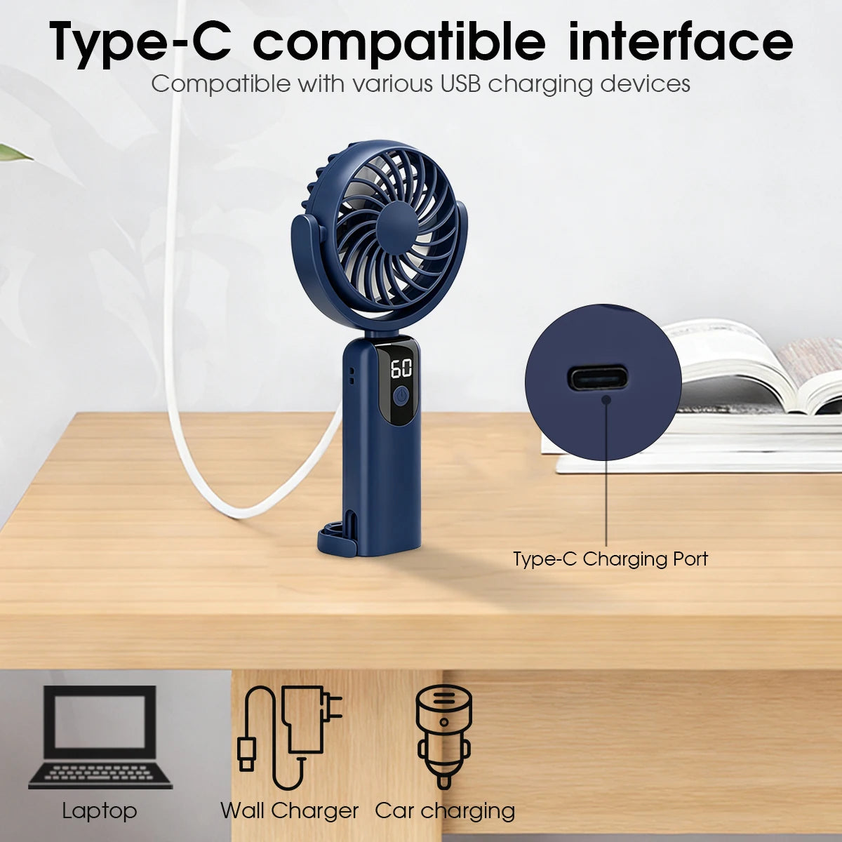 Rechargeable Travel Fan, Portable mini Handheld Fan, 5-Speed Wind Speed, LED Display, 90° Foldable Cooling Fan, Outdoor Camping