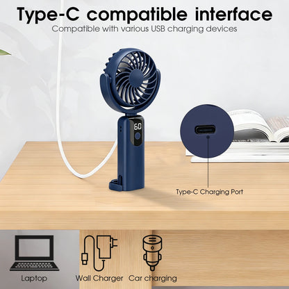 Rechargeable Travel Fan, Portable mini Handheld Fan, 5-Speed Wind Speed, LED Display, 90° Foldable Cooling Fan, Outdoor Camping