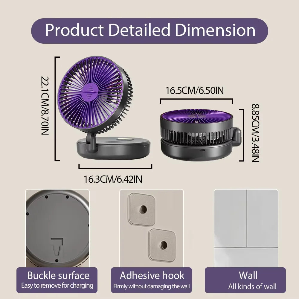 Rechargeable 3-in-1 Foldable Fan, 4-Speed, Warm Nightlight, Wall/Desk Mount, 90° Fold for Home/Office