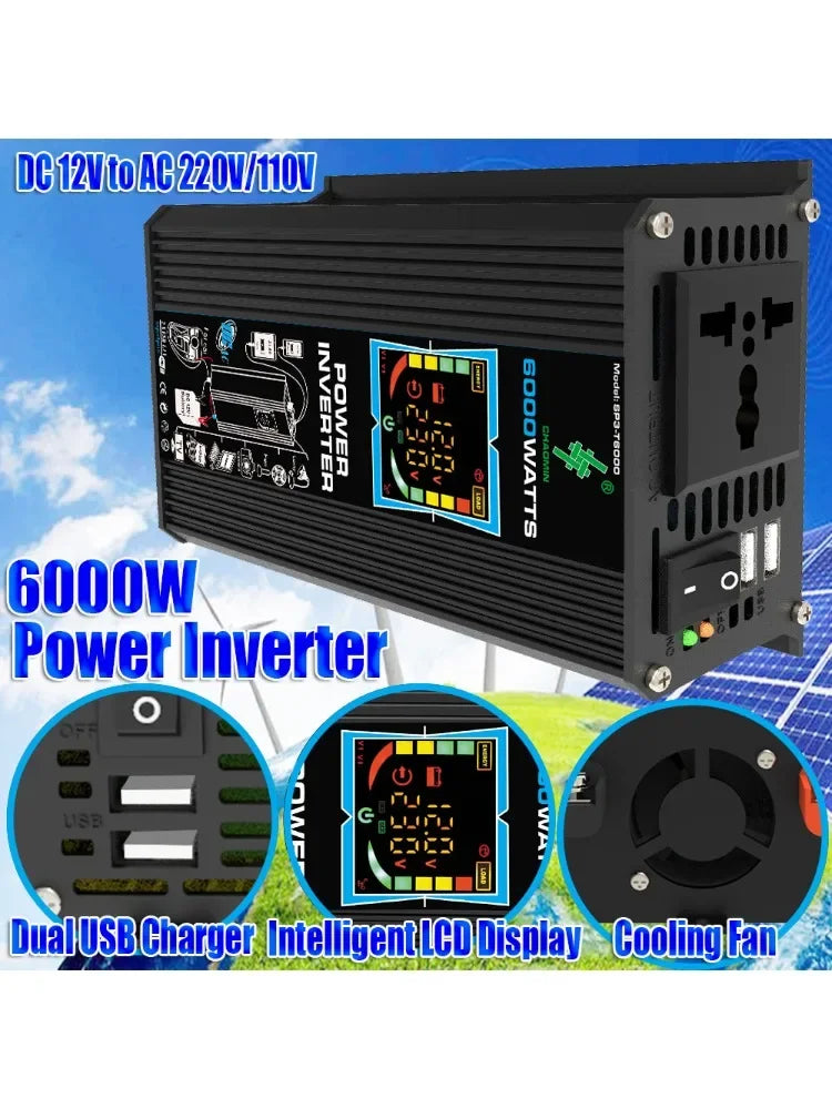 6000W Vehicle Solar Power Inverter DC 12V to AC 110V/220V with Dual USB Digital Display for RVs And Small Appliances