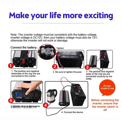 1000W 1600W 2200W 3000W Pure Sine Wave Inverter DC 12V 24V To AC 110V 220V Voltage Transformer Power Converter Solar Car Inverte