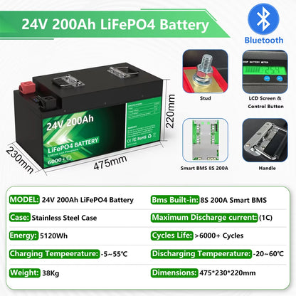 24V 200Ah LiFePO4 Battery 5.12kWh Bluetooth 8S 200A BMS 6000 Cycles 100Ah 300Ah 12V Lithium Battery for Marine RV Solar Off-Grid