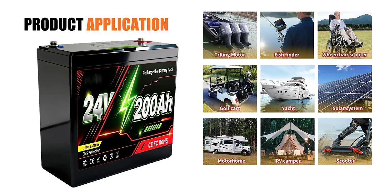 24V LiFePO4 200Ah Lithium Battery, Built-in 200A BMS, Rechargeable Battery, for RV/Camper, Solar, Marine, Overland/Van, Off-Gr
