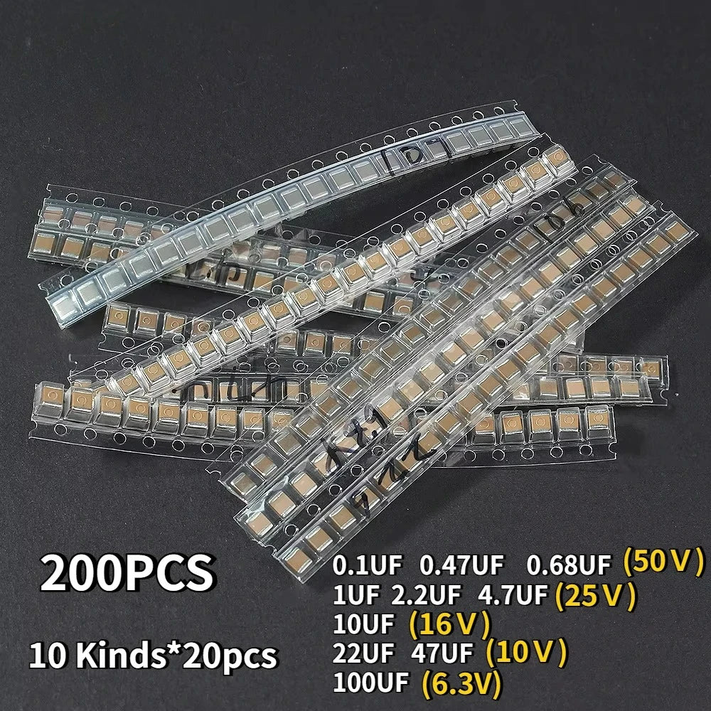 200pcs 1210 SMD Capacitor 6.3V 10V 16V 25V 50V 10 Kinds*20pcs Capacitors Pack 0.1UF 0.47UF 0.68UF 1UF 2.2UF 10UF 100UF