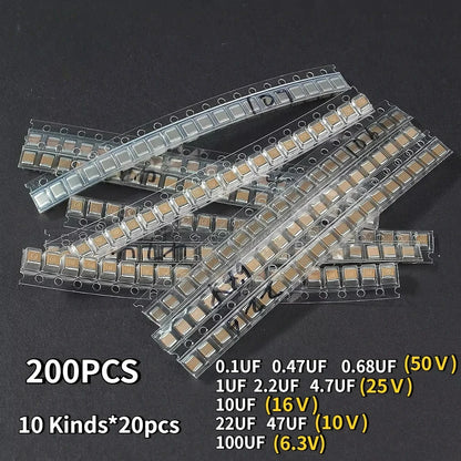 200pcs 1210 SMD Capacitor 6.3V 10V 16V 25V 50V 10 Kinds*20pcs Capacitors Pack 0.1UF 0.47UF 0.68UF 1UF 2.2UF 10UF 100UF