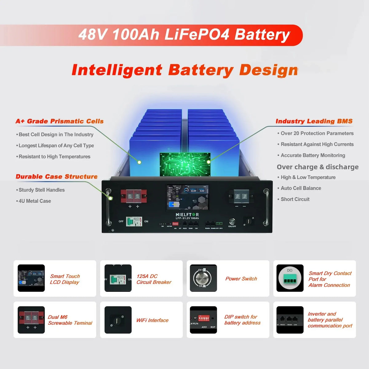 LiFePO4 Battery 48V 100Ah 5KWh 51.2V 100Ah 120Ah 200Ah 300Ah 400Ah 600Ah Lithium Battery Grade A Cells 6000+ Cycle PL EU Stock
