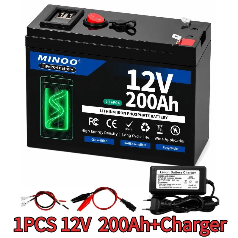 12 V 200Ah LiFePO4 Battery Lithium Iron Phosphate Rechargeable Battery With BMS 6000+ Cycles For Solar RV Marine Energy Storage
