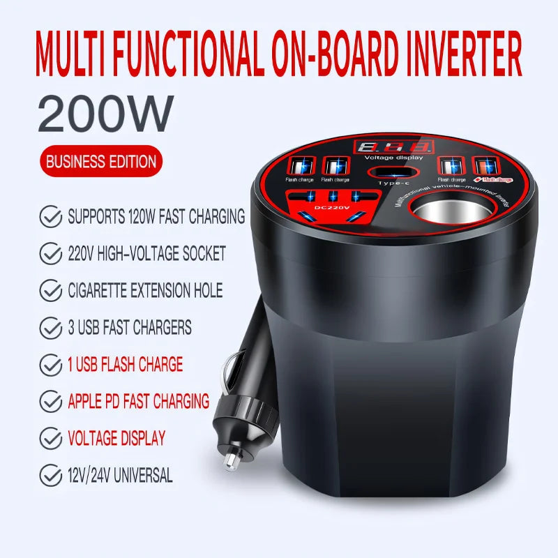 Multi-Functional Power Inverter for Automobiles 12V/24V to 220V Converter 200W Fast-Charging On-Board Power Converter