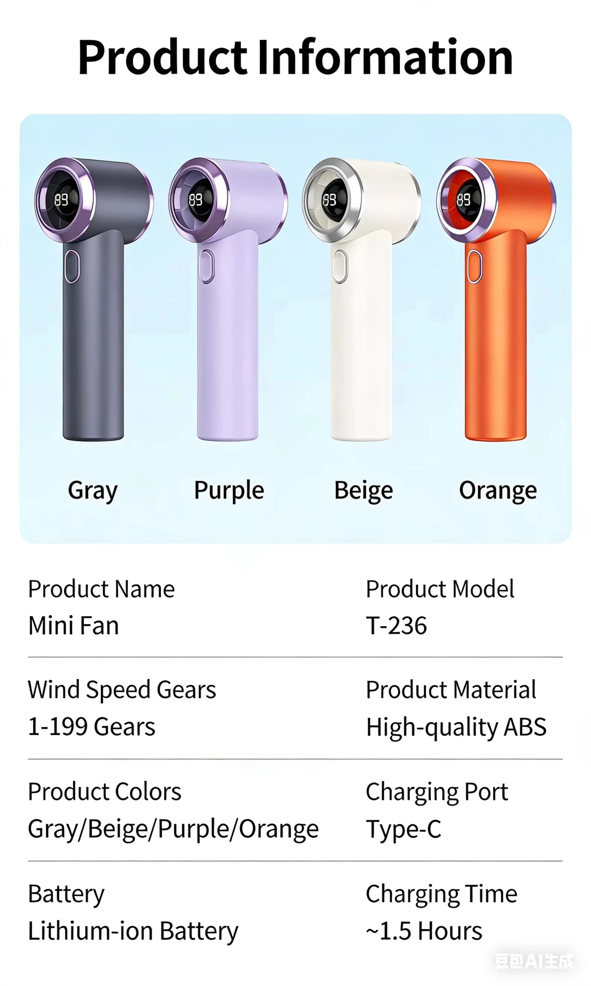 T-236 USB Rechargeable Mini Fan, 199 Speeds, LED Display, 12H Battery, Portable Handheld & Desktop Fan for Travel, Camping