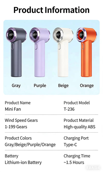T-236 USB Rechargeable Mini Fan, 199 Speeds, LED Display, 12H Battery, Portable Handheld & Desktop Fan for Travel, Camping