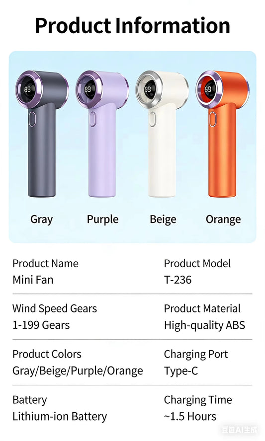 T-236 USB Rechargeable Mini Fan, 199 Speeds, LED Display, 12H Battery, Portable Handheld & Desktop Fan for Travel, Camping