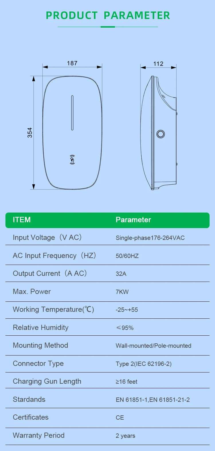 32A EV Charging Station 7KW 1Phase Electric Vehicle Charger Type2 EVSE Wallbox IEC62196-2 EV Charge Type 2 with 5M Cable