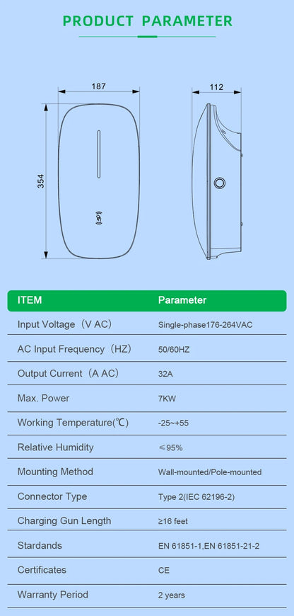 32A EV Charging Station 7KW 1Phase Electric Vehicle Charger Type2 EVSE Wallbox IEC62196-2 EV Charge Type 2 with 5M Cable