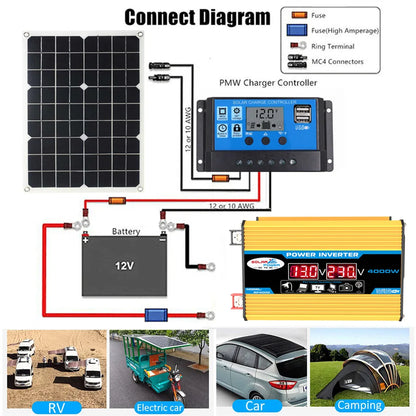 4000W Solar Inverter Kit Complete 12V to 110V/220V Solar Panel System 12V Solar Panel Battery Charge Controller Power Generation