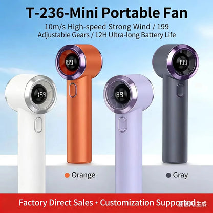 T-236 USB Rechargeable Mini Fan, 199 Speeds, LED Display, 12H Battery, Portable Handheld & Desktop Fan for Travel, Camping